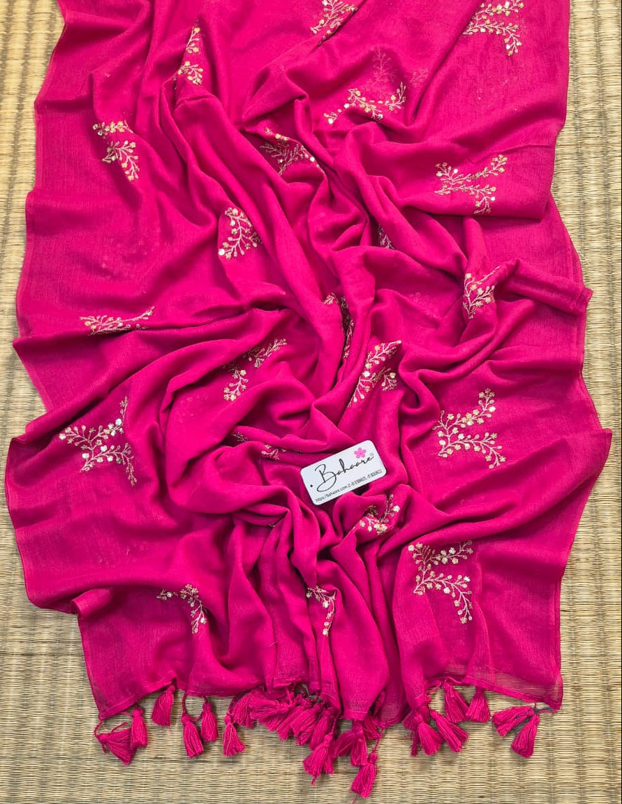 Shimmering Starlight | Ruby Pink Mul Mul Cotton Saree with Sequin Zari Embroidery Work