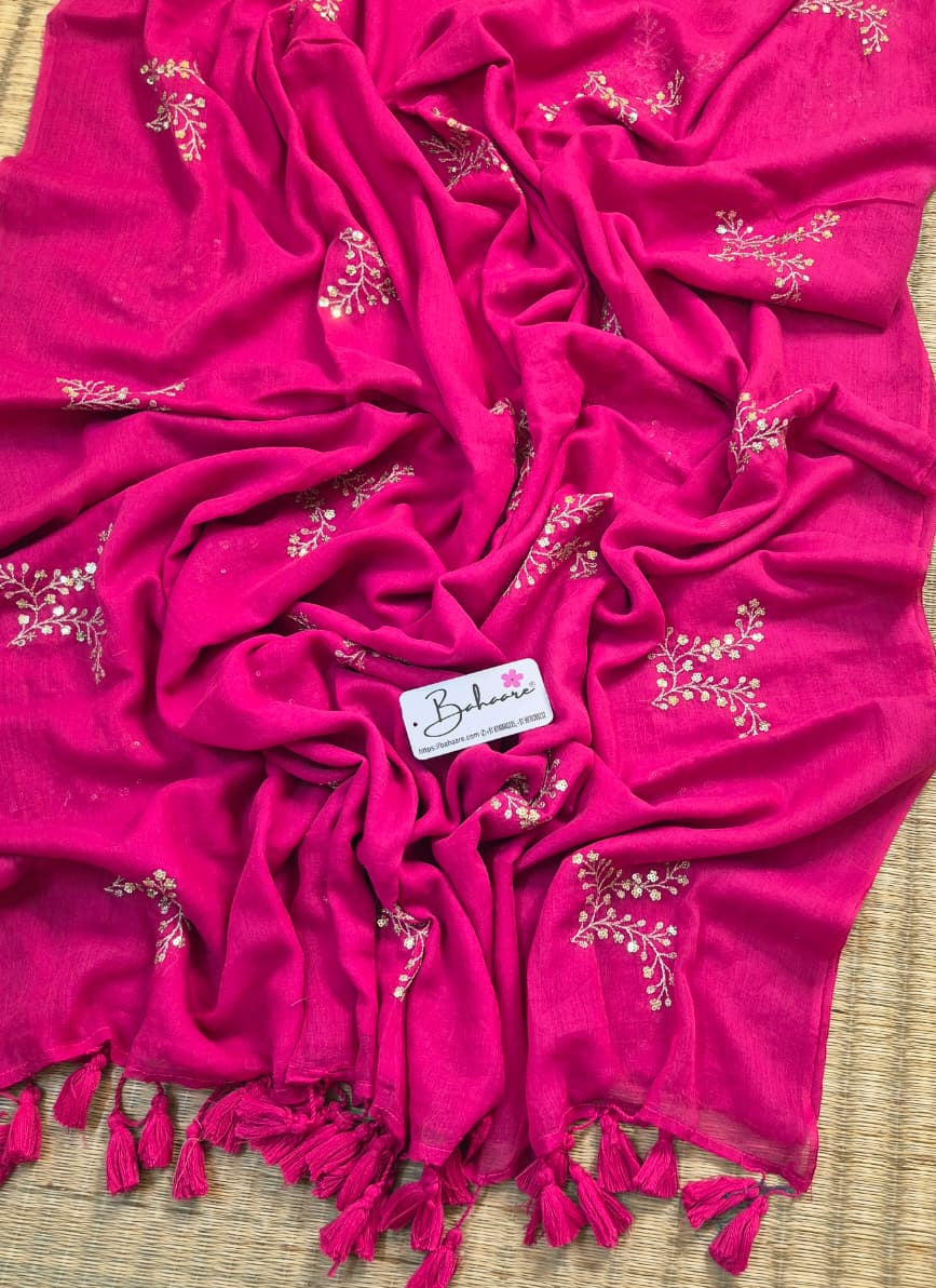 Shimmering Starlight | Ruby Pink Mul Mul Cotton Saree with Sequin Zari Embroidery Work