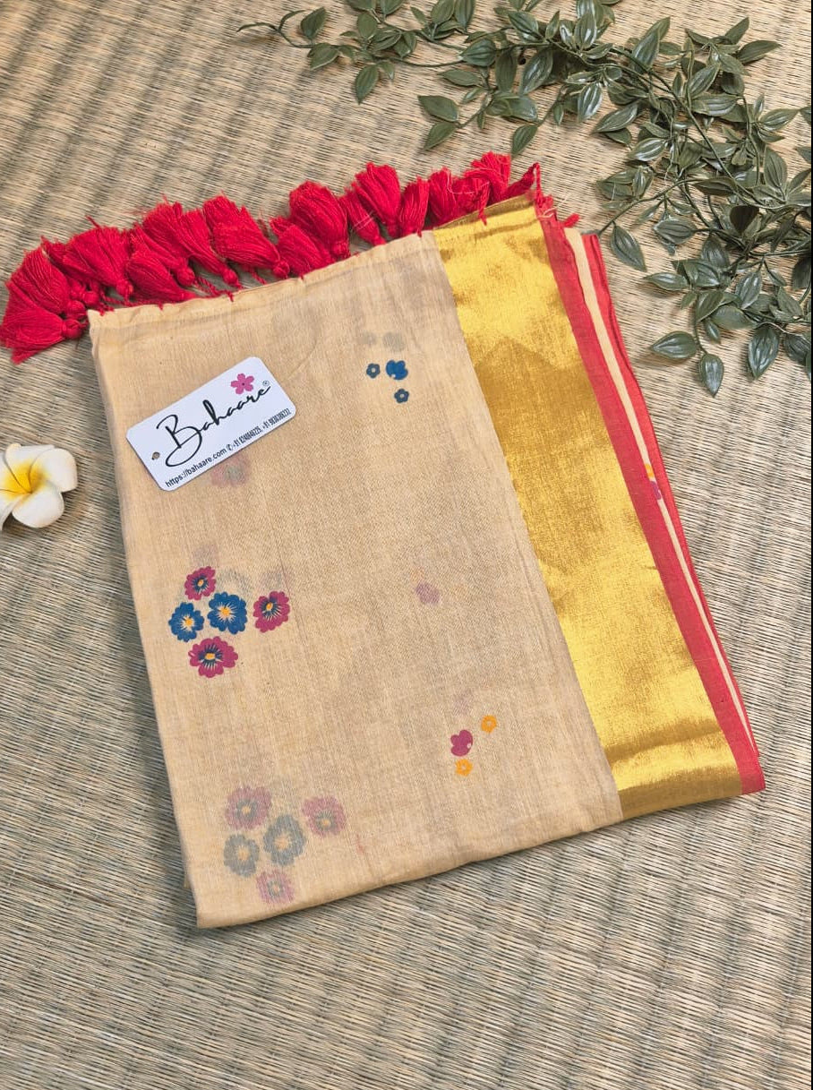 Noor | Ivory Beige Mul Mul Cotton Saree with Golden Zari Border and Flower Motif