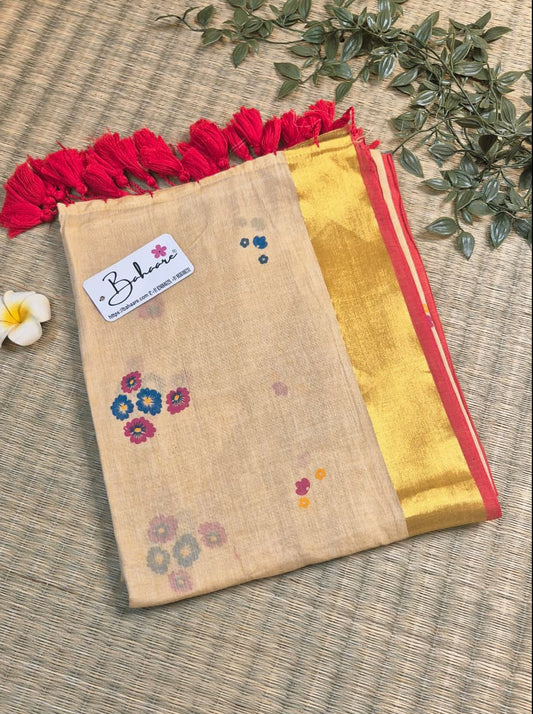 Noor | Ivory Beige Mul Mul Cotton Saree with Golden Zari Border and Flower Motif