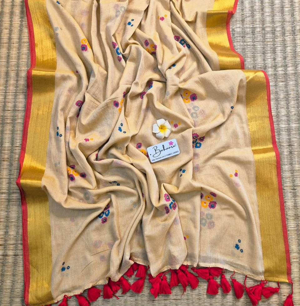 Noor | Ivory Beige Mul Mul Cotton Saree with Golden Zari Border and Flower Motif