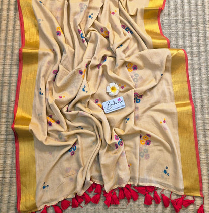 Noor | Ivory Beige Mul Mul Cotton Saree with Golden Zari Border and Flower Motif