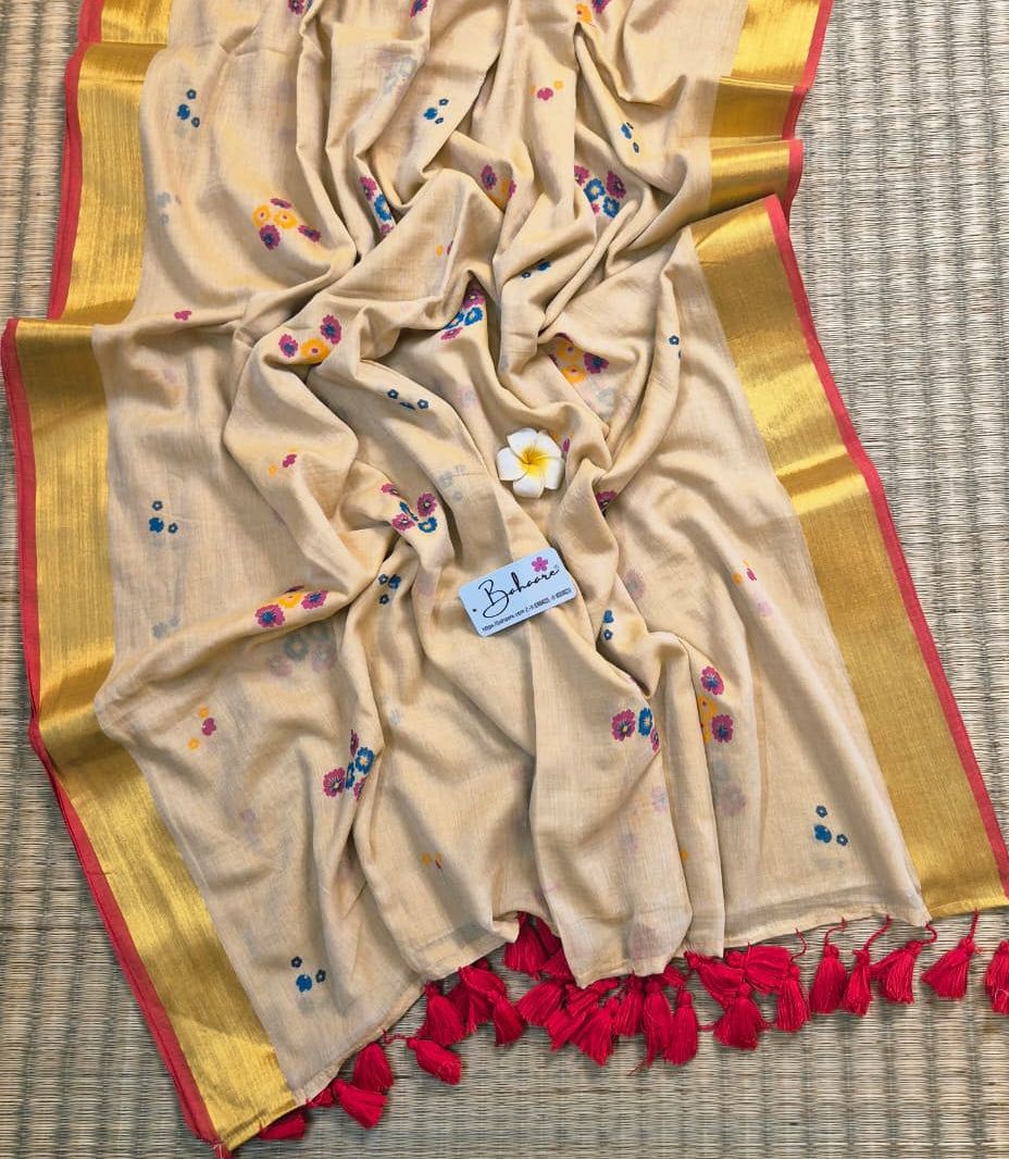 Noor | Ivory Beige Mul Mul Cotton Saree with Golden Zari Border and Flower Motif