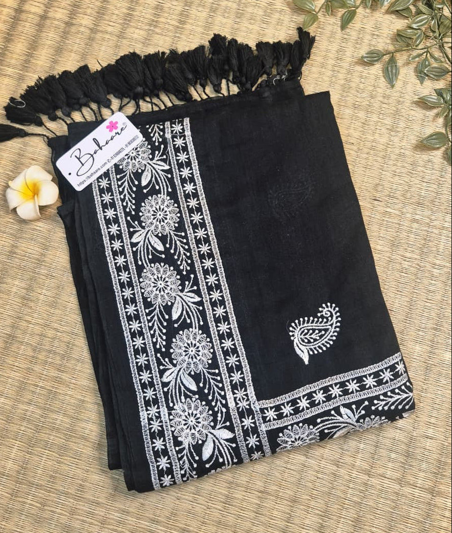 Mohini | Midnight Black Mul Mul Cotton Saree with Chikankari Embroidery