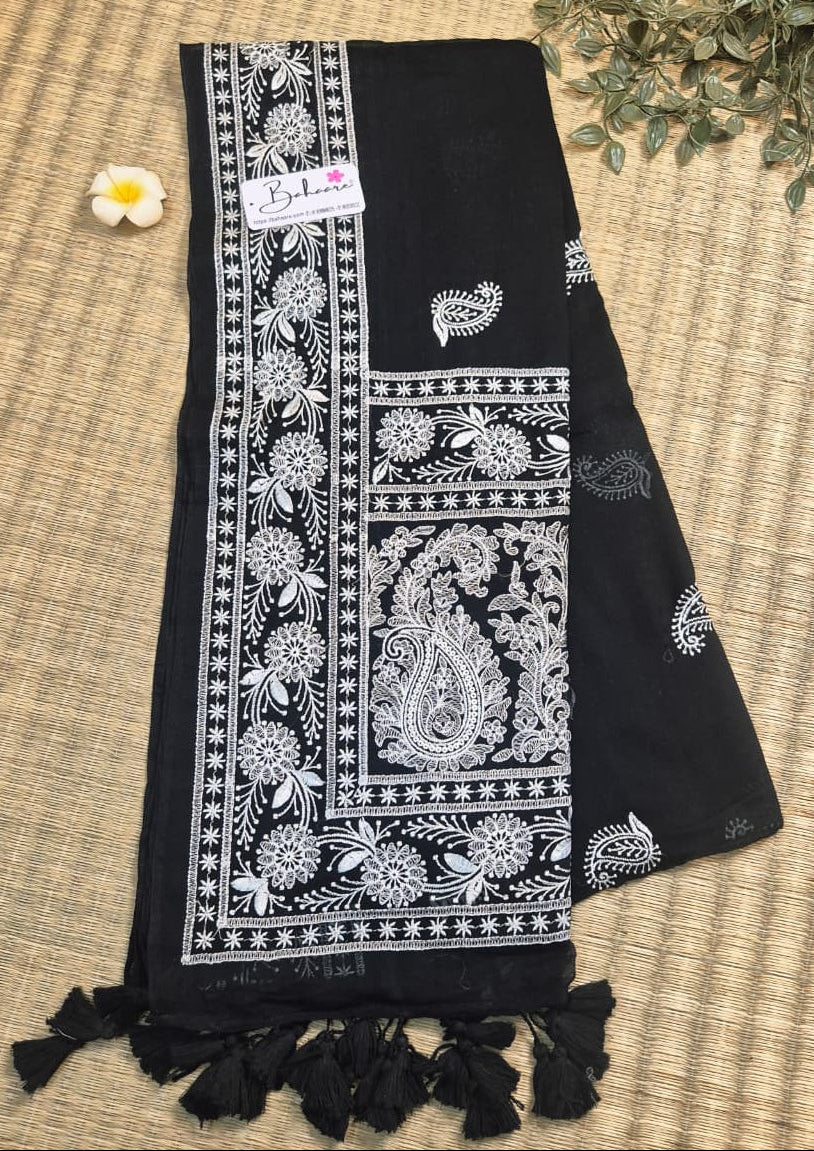 Mohini | Midnight Black Mul Mul Cotton Saree with Chikankari Embroidery