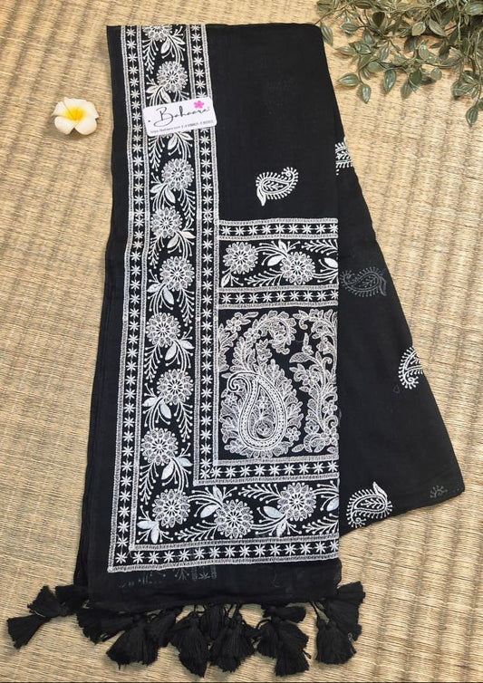 Mohini | Midnight Black Mul Mul Cotton Saree with Chikankari Embroidery