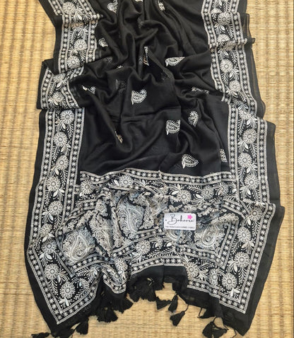 Mohini | Midnight Black Mul Mul Cotton Saree with Chikankari Embroidery