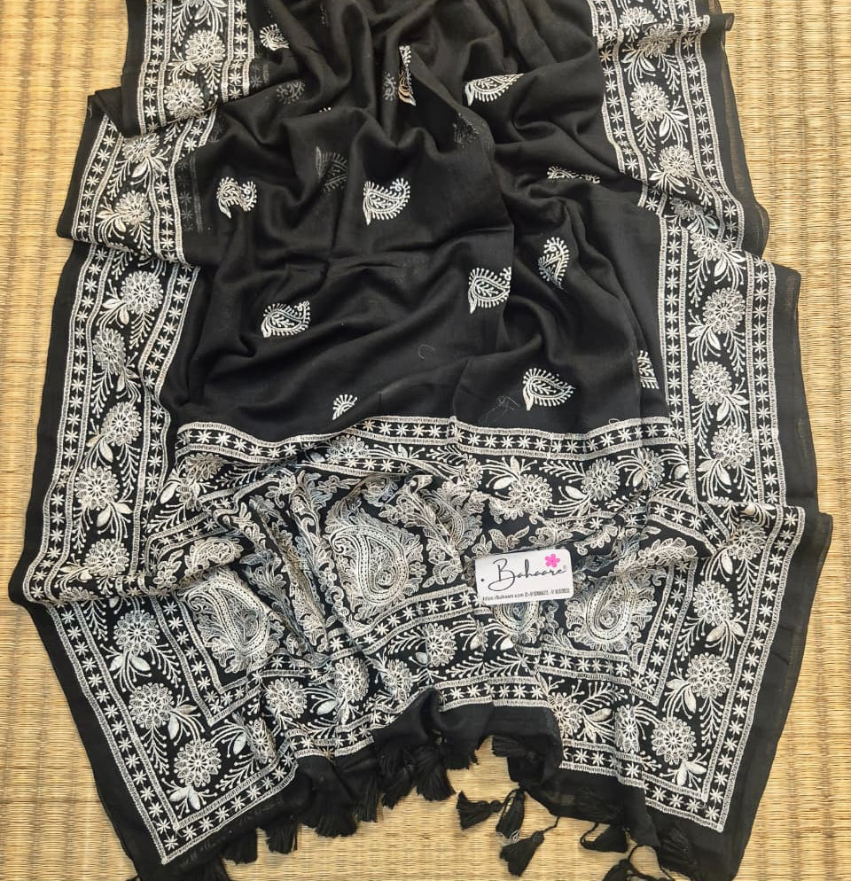 Mohini | Midnight Black Mul Mul Cotton Saree with Chikankari Embroidery