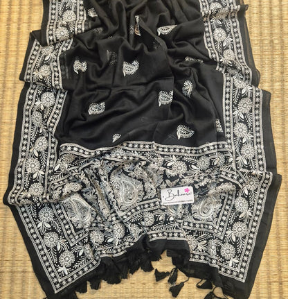 Mohini | Midnight Black Mul Mul Cotton Saree with Chikankari Embroidery