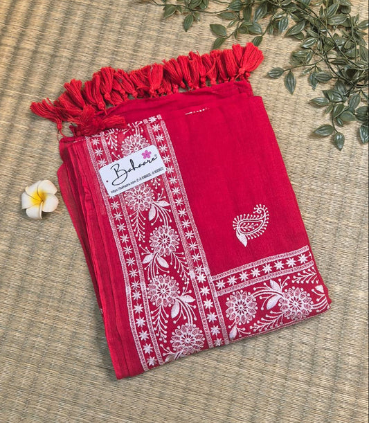 Mohini | Rose Red Mul Mul Cotton Saree with Chikankari Embroidery