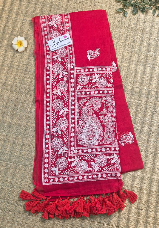 Mohini | Rose Red Mul Mul Cotton Saree with Chikankari Embroidery