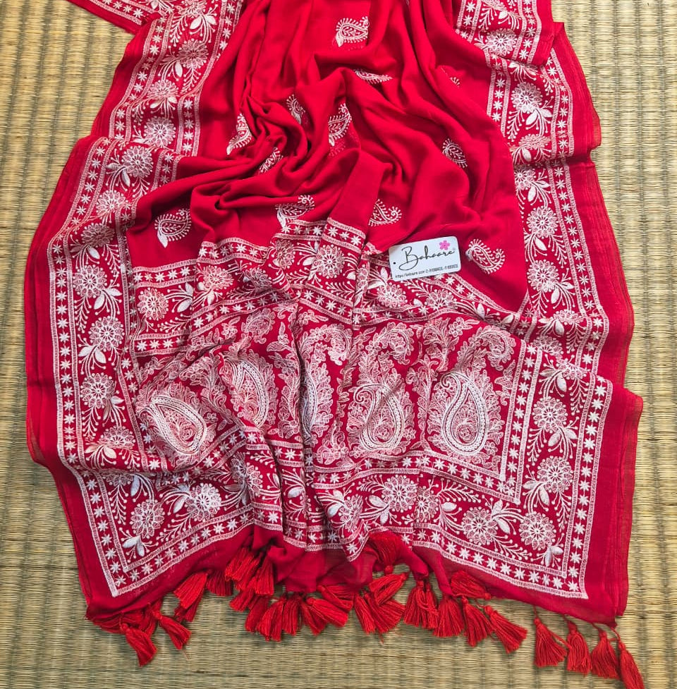Mohini | Rose Red Mul Mul Cotton Saree with Chikankari Embroidery