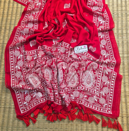 Mohini | Rose Red Mul Mul Cotton Saree with Chikankari Embroidery