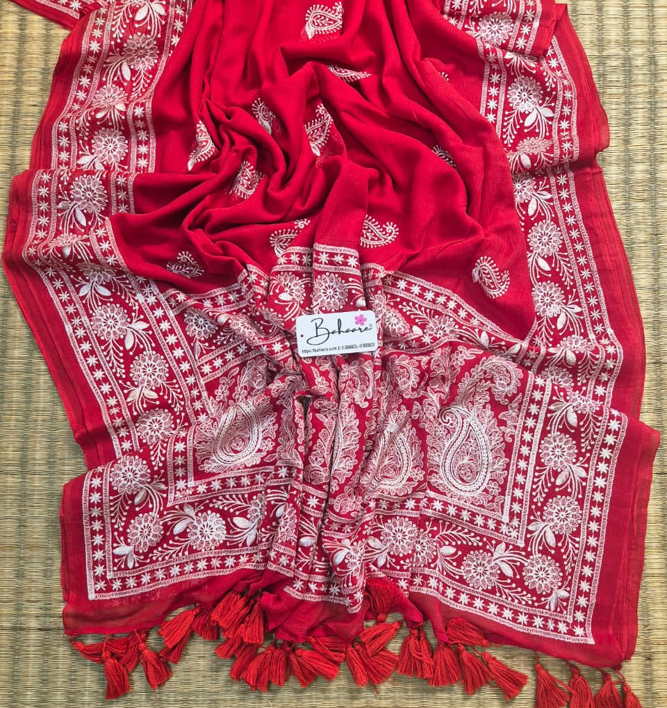 Mohini | Rose Red Mul Mul Cotton Saree with Chikankari Embroidery