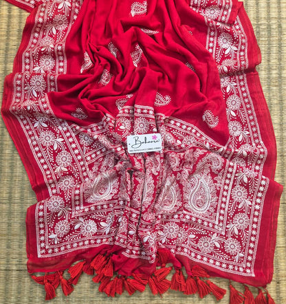 Mohini | Rose Red Mul Mul Cotton Saree with Chikankari Embroidery