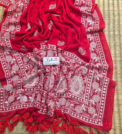 Mohini | Rose Red Mul Mul Cotton Saree with Chikankari Embroidery
