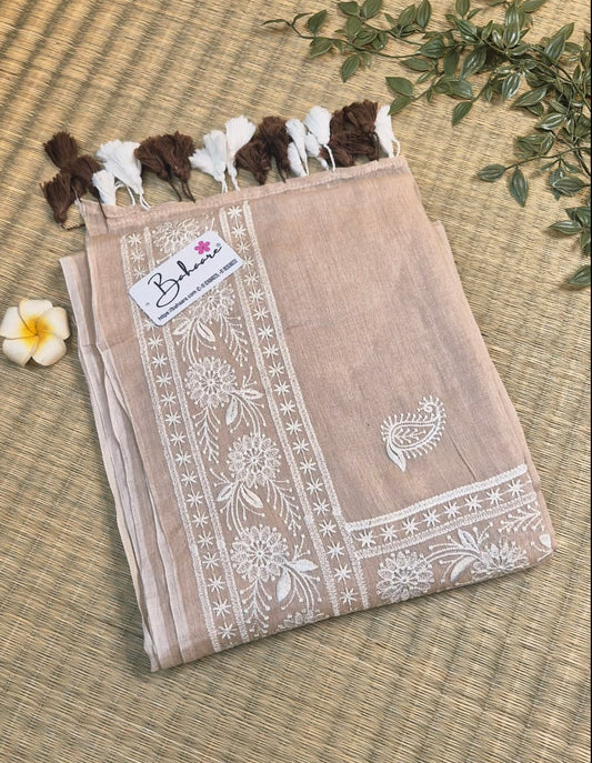 Mohini | Coffee Beige Mul Mul Cotton Saree with Chikankari Embroidery
