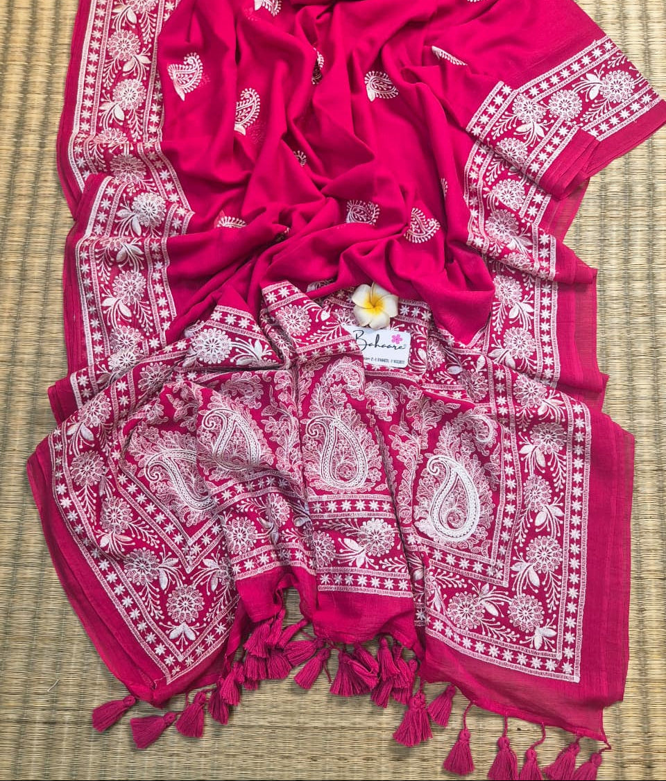 Mohini | Meher Rani Pink Mul Mul Cotton Saree with Chikankari Embroidery