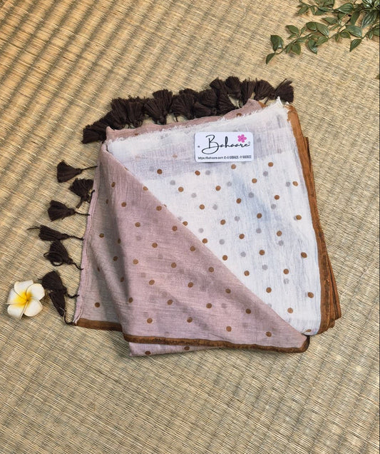 Polka Passion | Cinnamon Dust Half and Half Mul Mul Cotton Saree with Polka Dots