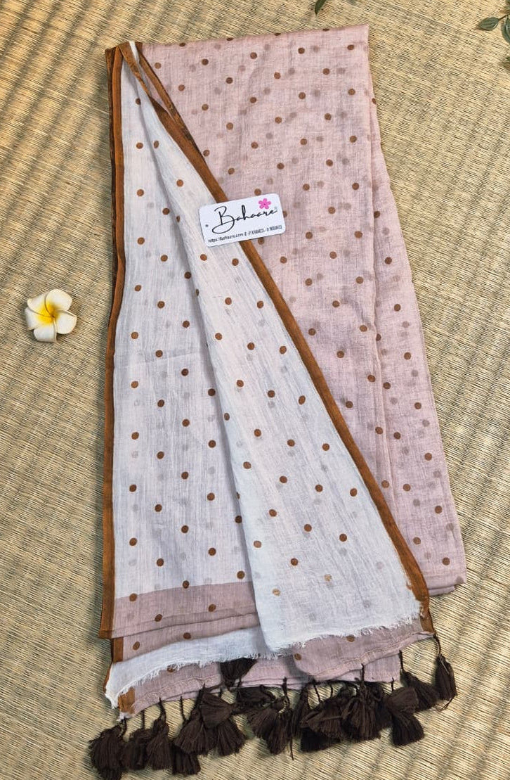 Polka Passion | Cinnamon Dust Half and Half Mul Mul Cotton Saree with Polka Dots
