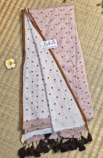 Polka Passion | Cinnamon Dust Half and Half Mul Mul Cotton Saree with Polka Dots