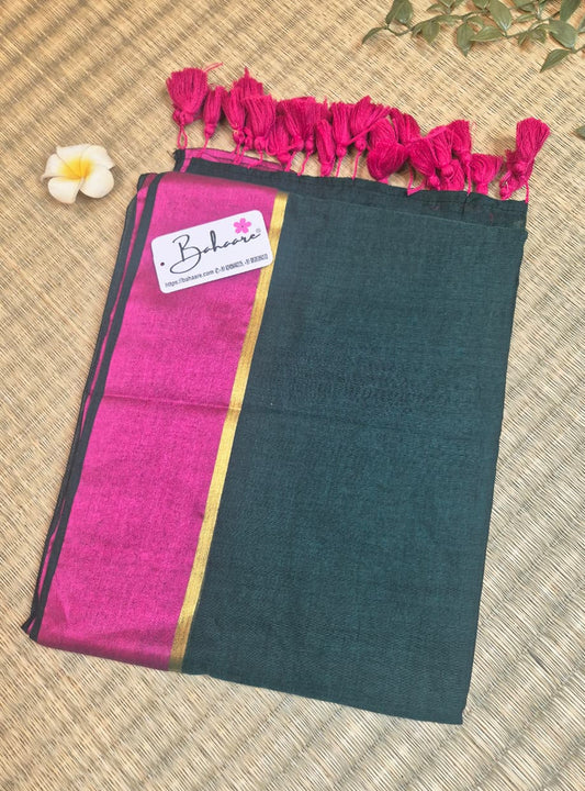 Noor | Emerald Green Mul Mul Cotton Saree with Rani Border