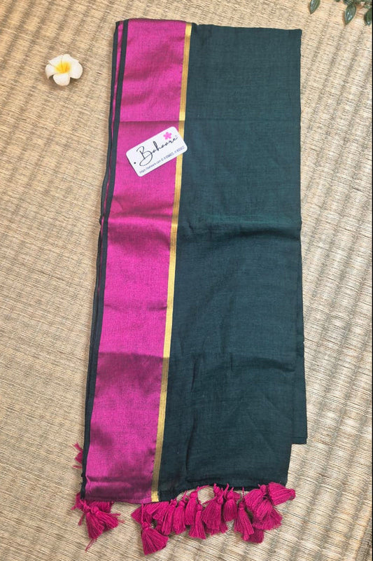 Noor | Emerald Green Mul Mul Cotton Saree with Rani Border