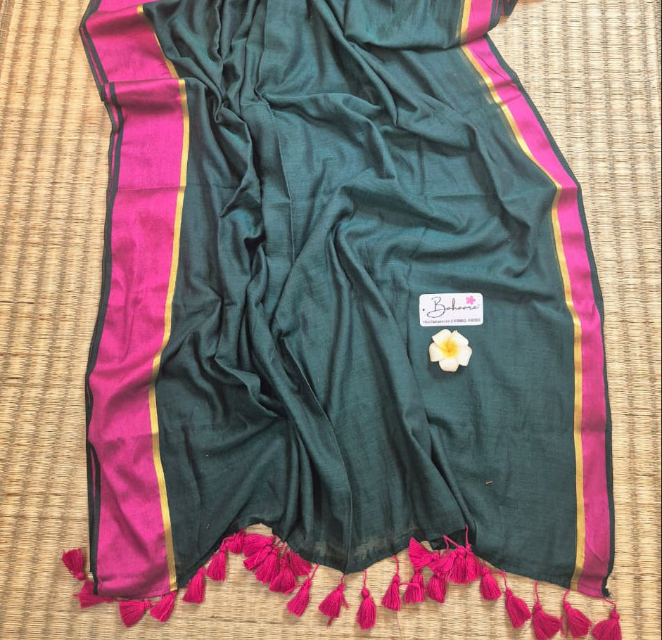 Noor | Emerald Green Mul Mul Cotton Saree with Rani Border