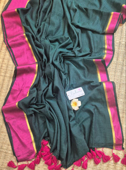 Noor | Emerald Green Mul Mul Cotton Saree with Rani Border