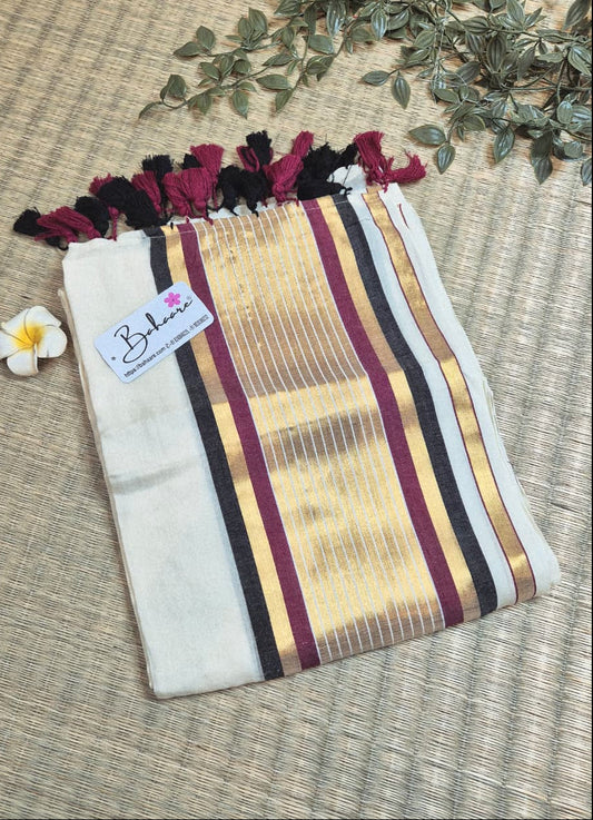 Noor | Kasavu White Mul Mul Cotton Saree with Multicoloured Border