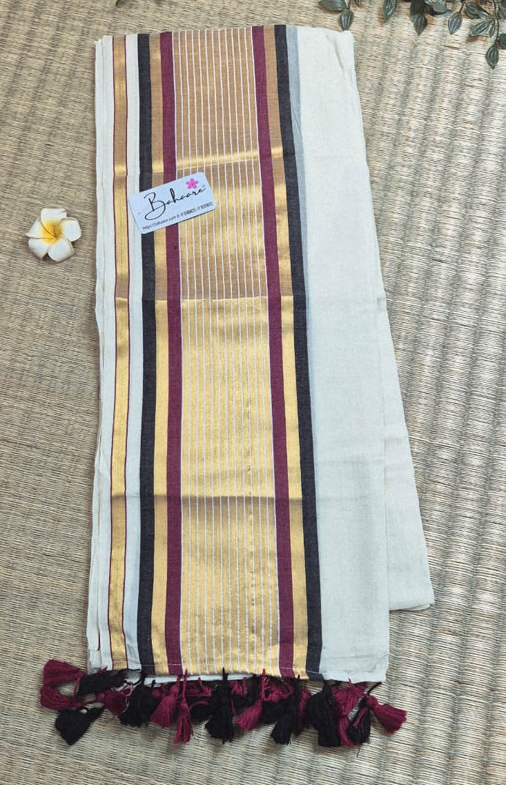 Noor | Kasavu White Mul Mul Cotton Saree with Multicoloured Border