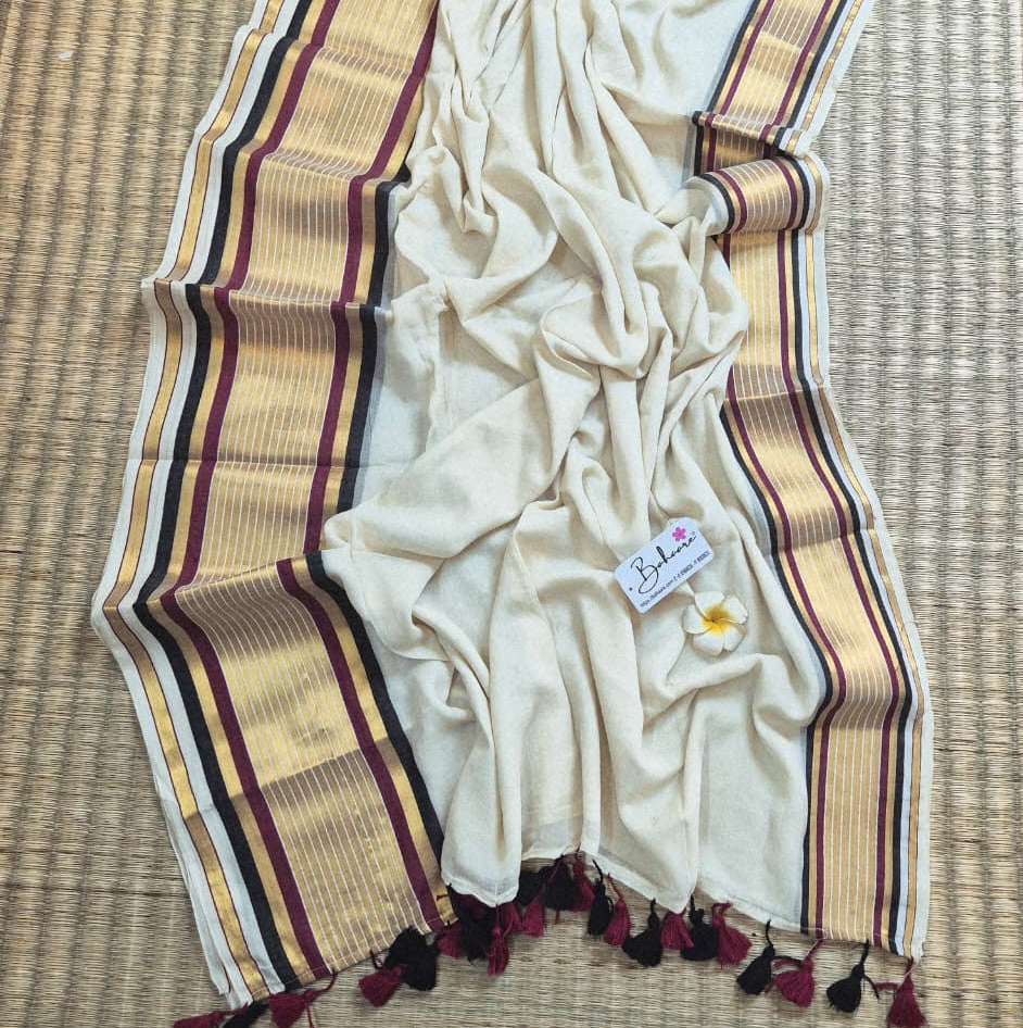 Noor | Kasavu White Mul Mul Cotton Saree with Multicoloured Border