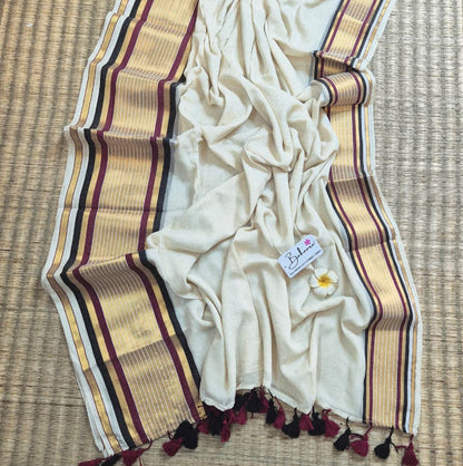 Noor | Kasavu White Mul Mul Cotton Saree with Multicoloured Border