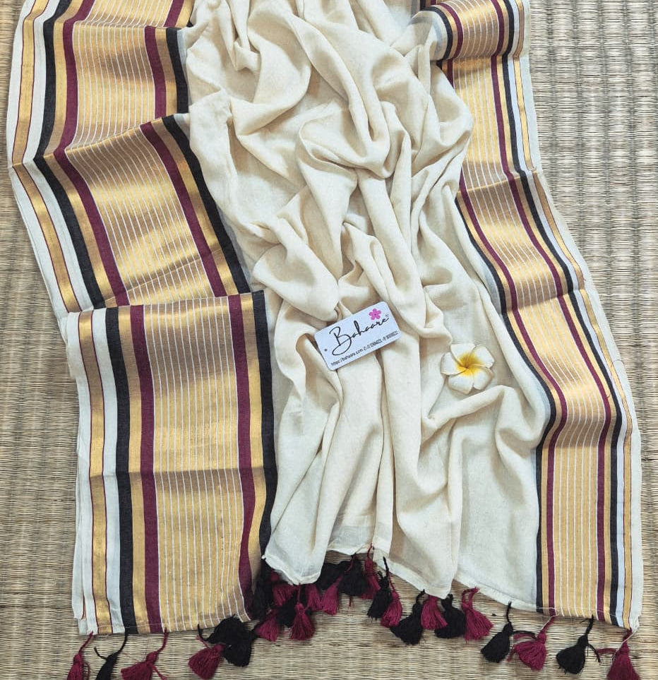 Noor | Kasavu White Mul Mul Cotton Saree with Multicoloured Border