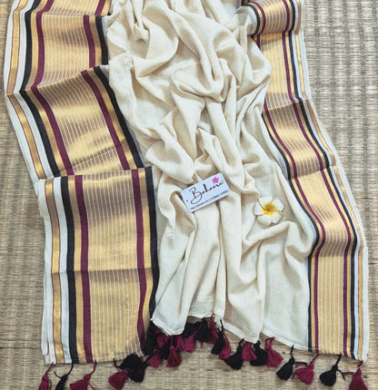 Noor | Kasavu White Mul Mul Cotton Saree with Multicoloured Border