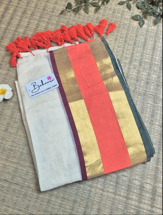 Noor | Madurai Cream Mul Mul Cotton Saree with Orange and Golden Zari Border