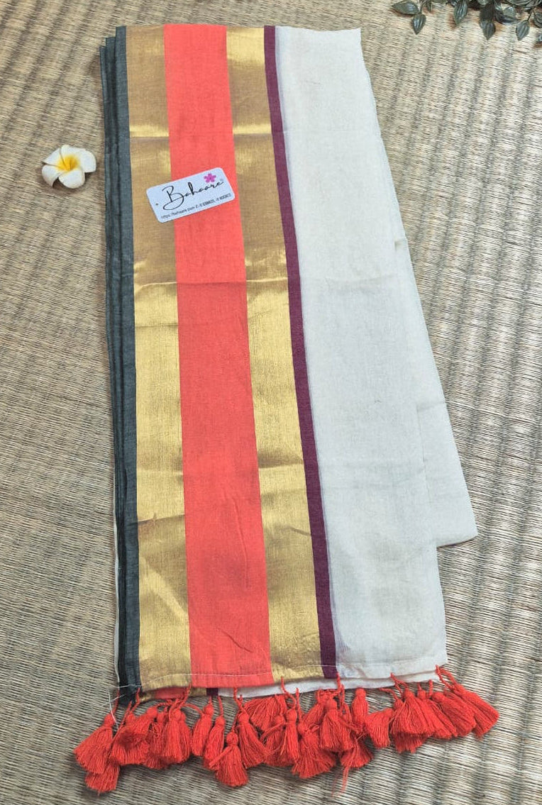 Noor | Madurai Cream Mul Mul Cotton Saree with Orange and Golden Zari Border