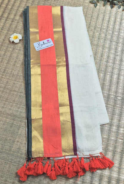Noor | Madurai Cream Mul Mul Cotton Saree with Orange and Golden Zari Border
