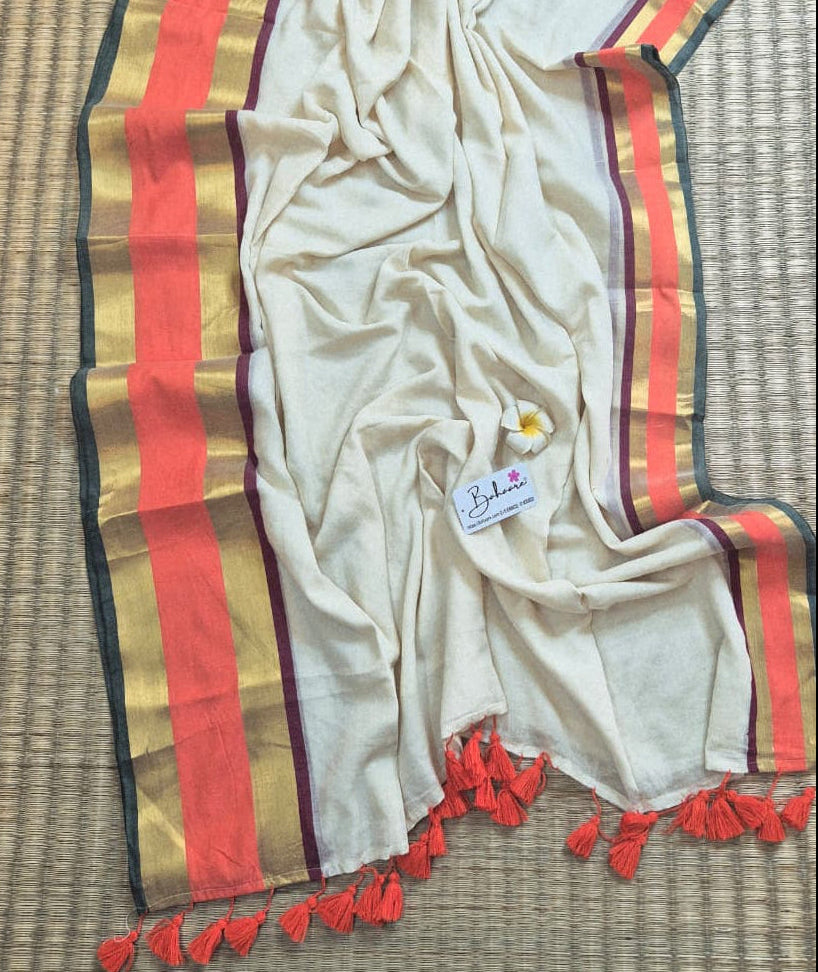 Noor | Madurai Cream Mul Mul Cotton Saree with Orange and Golden Zari Border