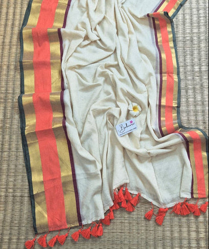 Noor | Madurai Cream Mul Mul Cotton Saree with Orange and Golden Zari Border