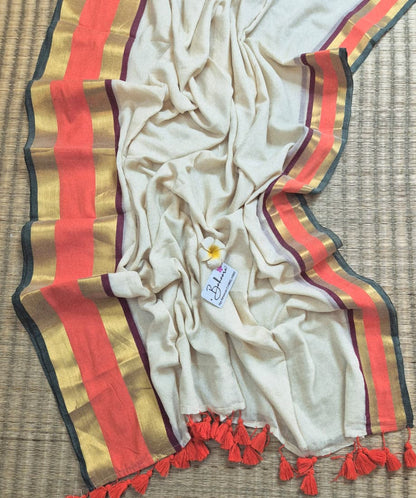 Noor | Madurai Cream Mul Mul Cotton Saree with Orange and Golden Zari Border