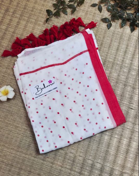 Polka Passion | Classic White and Red Mul Mul Cotton Saree