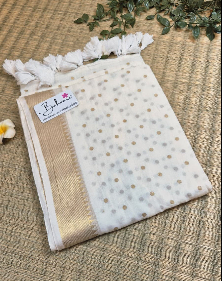 Polka Passion | Off White Mul Mul Cotton Saree with Kasavu Border