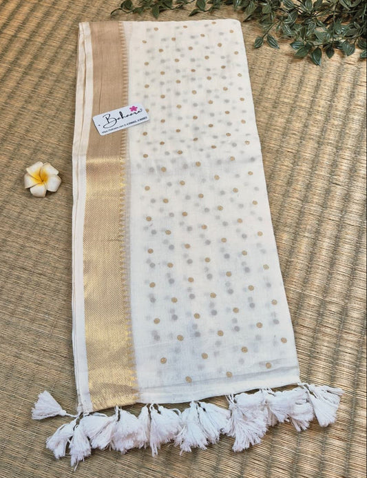 Polka Passion | Off White Mul Mul Cotton Saree with Kasavu Border