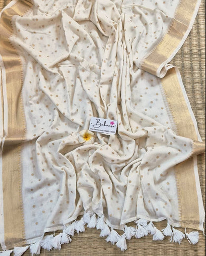 Polka Passion | Off White Mul Mul Cotton Saree with Kasavu Border