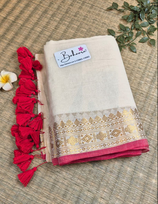 Noor | Cream White Mul Mul Cotton Saree with Golden Zari Border
