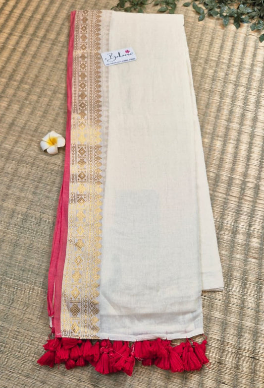 Noor | Cream White Mul Mul Cotton Saree with Golden Zari Border
