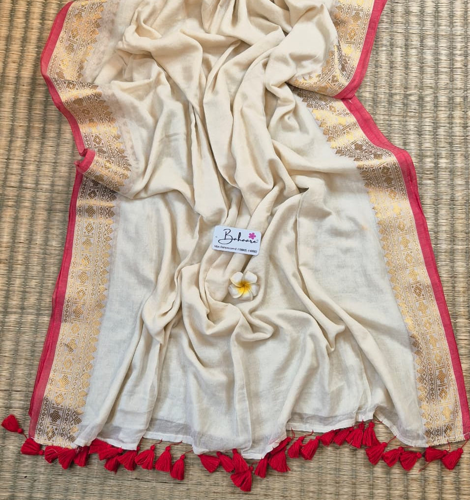 Noor | Cream White Mul Mul Cotton Saree with Golden Zari Border