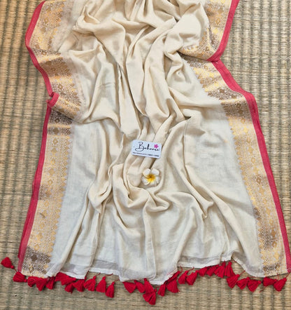 Noor | Cream White Mul Mul Cotton Saree with Golden Zari Border