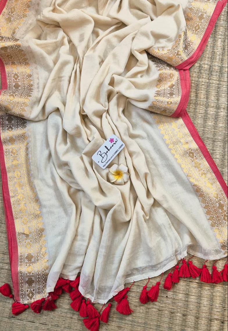 Noor | Cream White Mul Mul Cotton Saree with Golden Zari Border